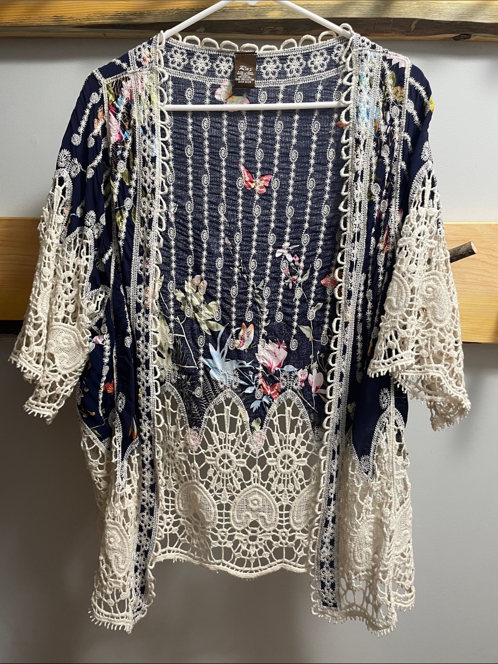 Floral Boho Kimono Jacket with Cream Crochet Accents
